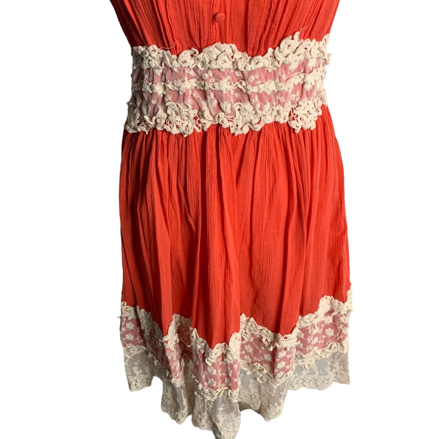 Vasna Fit N Flare Cotton Lace Dress L Coral Orange V Neck Lined Boho Knee Length