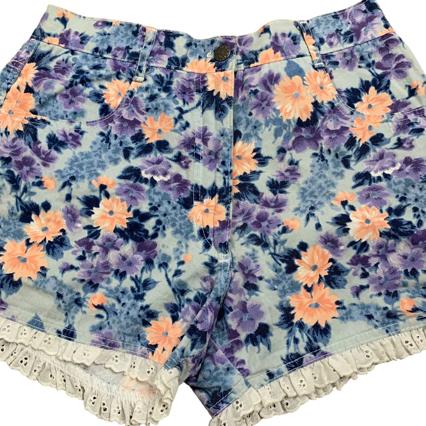 Vintage Floral High Rise Denim Shorts 28 Blue Lace Trim Pockets Belt Loops Zip