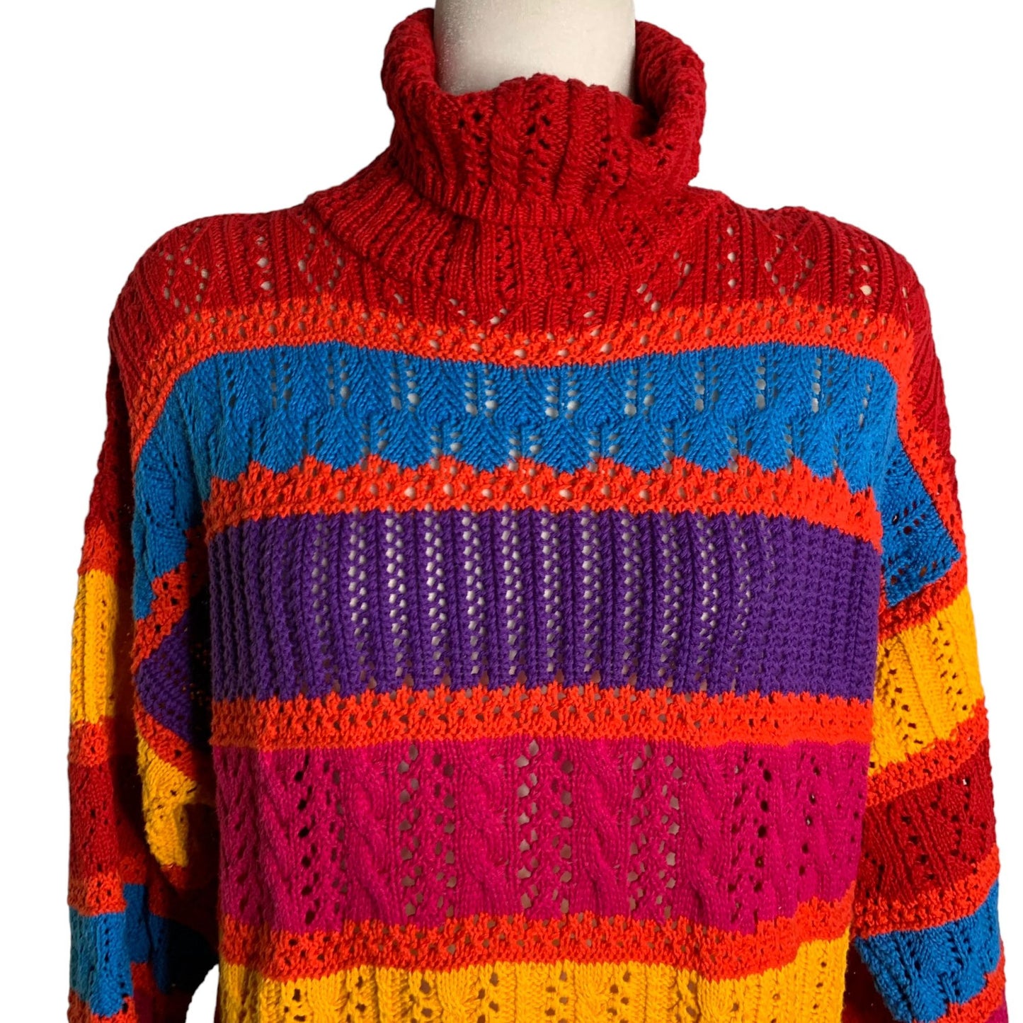 Vintage 90s Loose Knit Turtleneck Sweater L Rainbow Stripe Pullover Long Sleeve