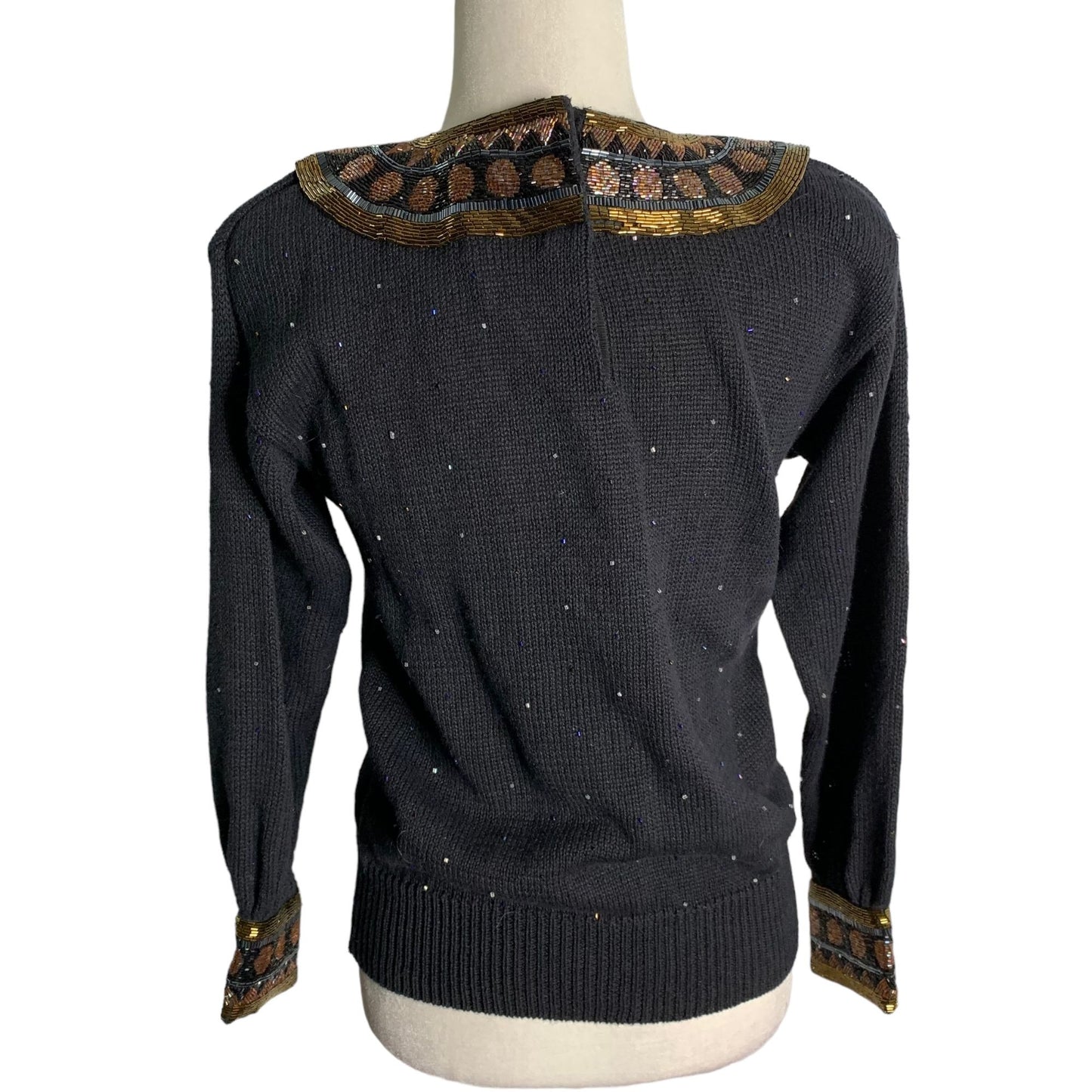 Vintage 90s Bonnie Boerer Beaded Sweater S Black Pullover Knit Hook Loop Collar