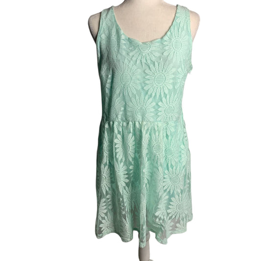 Lace Daisy Sleeveless Mini Dress XL Blue Floral Elastic Waist Lined Keyhole Zip