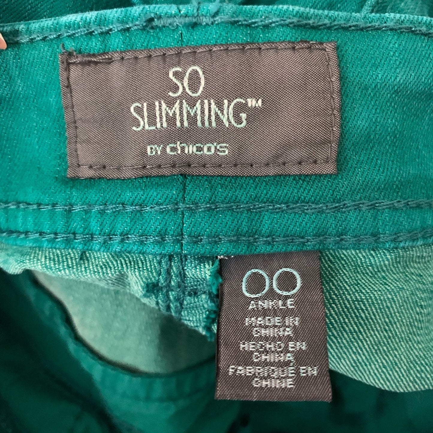 Chicos So Slimming Ankle Skinny Jeans 2 Green Low Rise 5 Pocket Stretch Zip