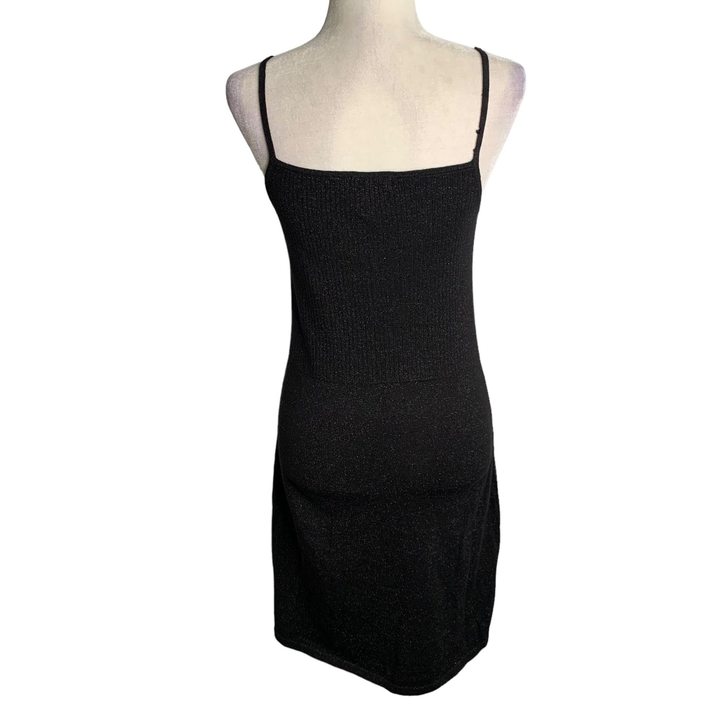 Vintage 90s Esprit Ribbed Knit Mini Dress M Black Metallic Spaghetti Straps