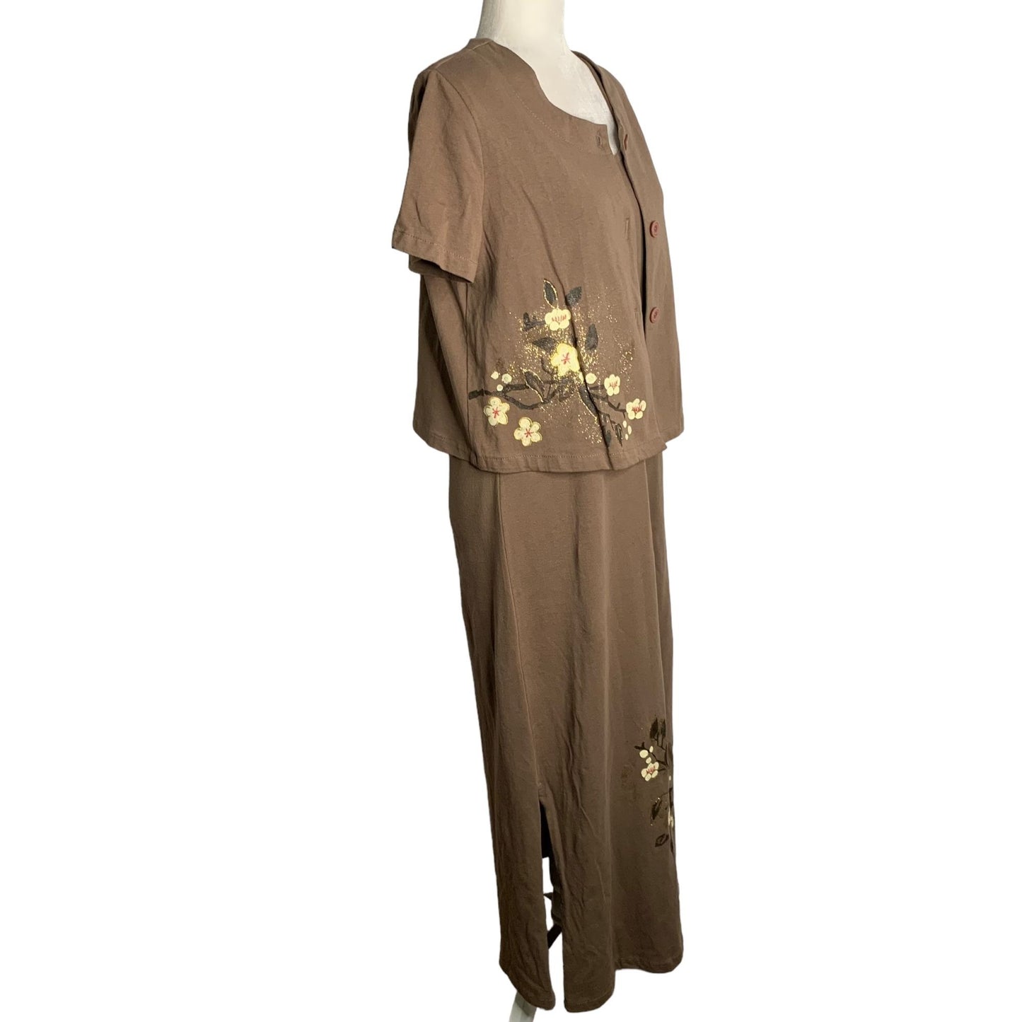 Vintage 90s Hand Painted Maxi Dress Set S Mocha Hawaiian Button Up Top Floral