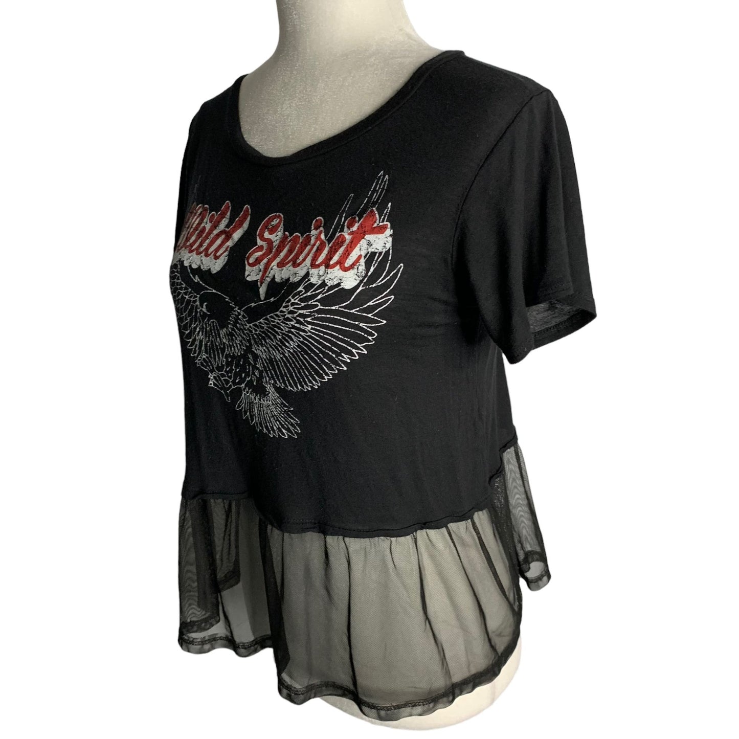 Vintage Y2K Wild Spirit Cropped Top S Black Sheer Ruffle Short Sleeves Eagle