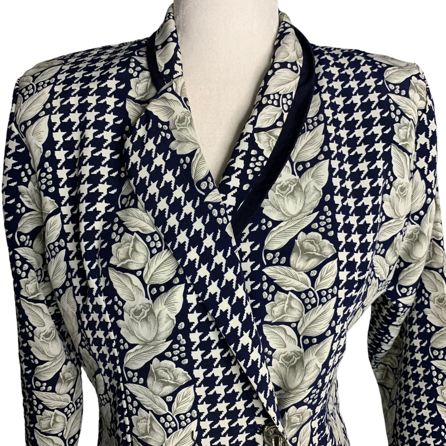 Vintage 90s Visanza Silky Blazer Jacket S Blue Houndstooth Floral Shoulder Pads