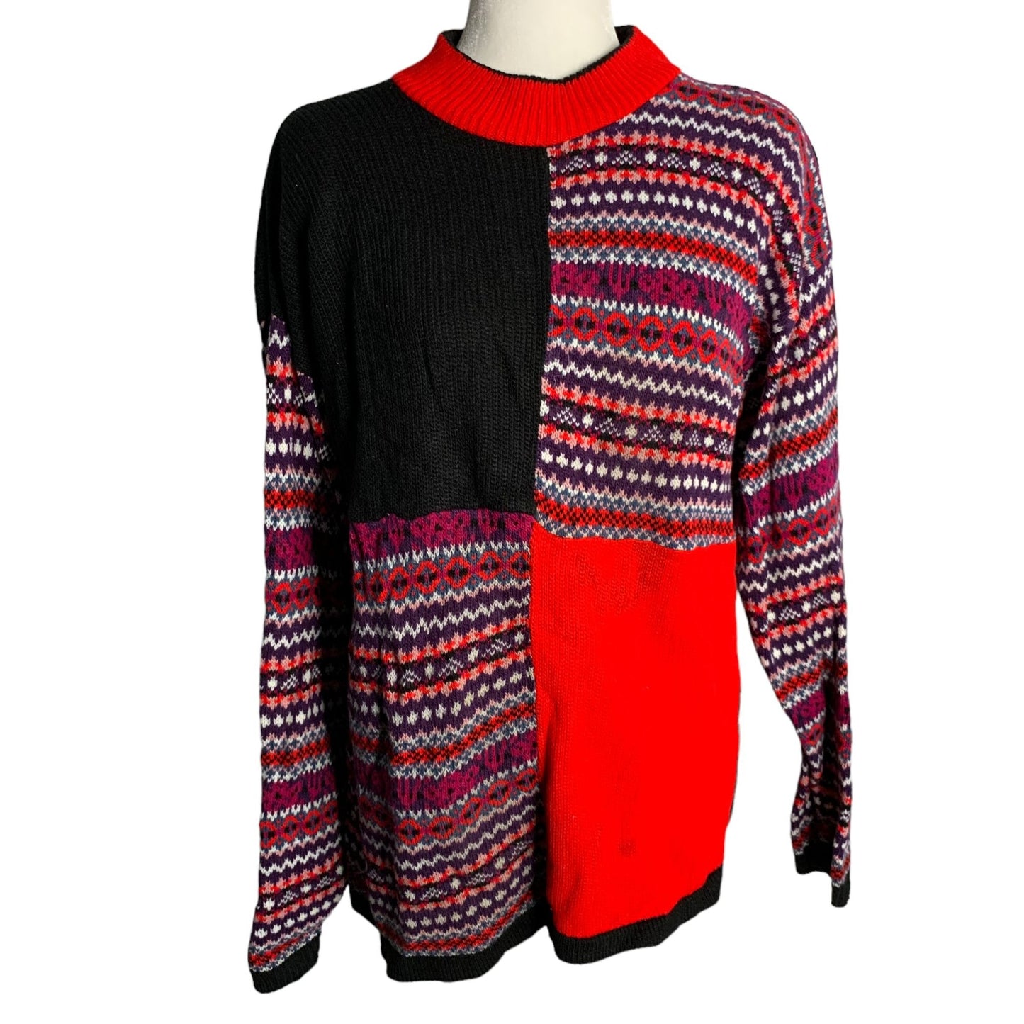 Vintage 90s Mockneck Knit Sweater M Black Red Long Sleeves Pullover Fair Isle