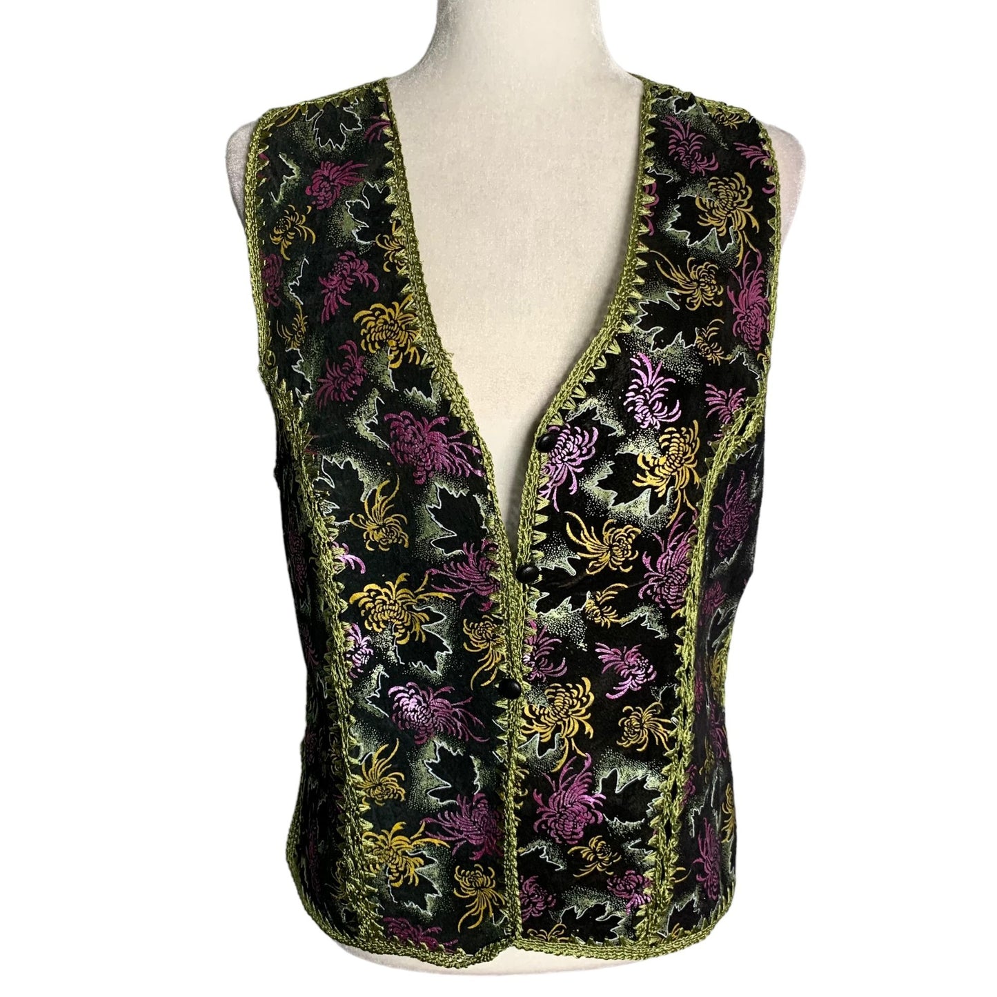 Reversible Crochet Embroidery Leather Vest S Black Floral Button Up Festival