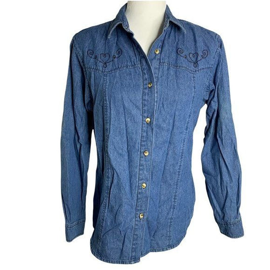 Vintage 80s Wrangler Western Shirt M Blue Denim Chambray Embroidered Button