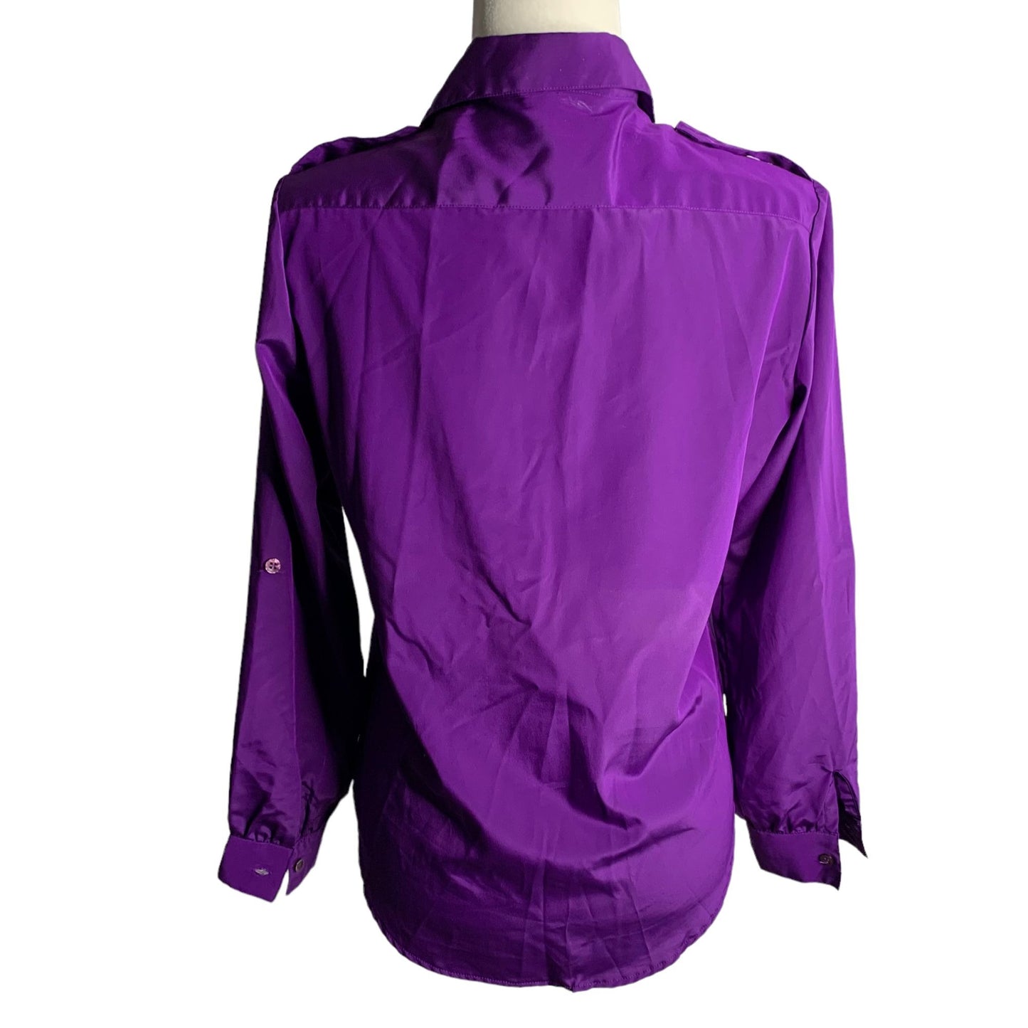 Vintage 90s Silky Button Up Shirt M Purple Pockets Long Sleeve Collared