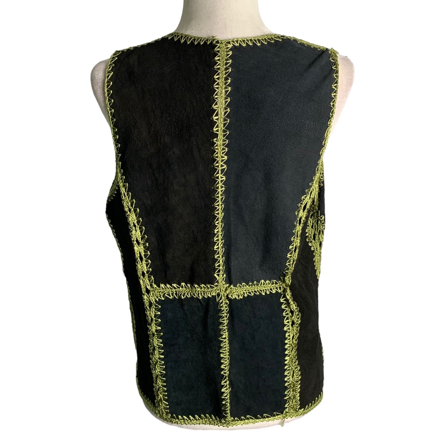 Reversible Crochet Embroidery Leather Vest S Black Floral Button Up Festival