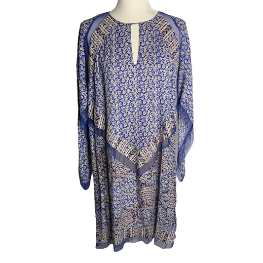 BCBG Bardot Printed Long Sleeve Dress S Blue Floral Lined Keyhole Pullover