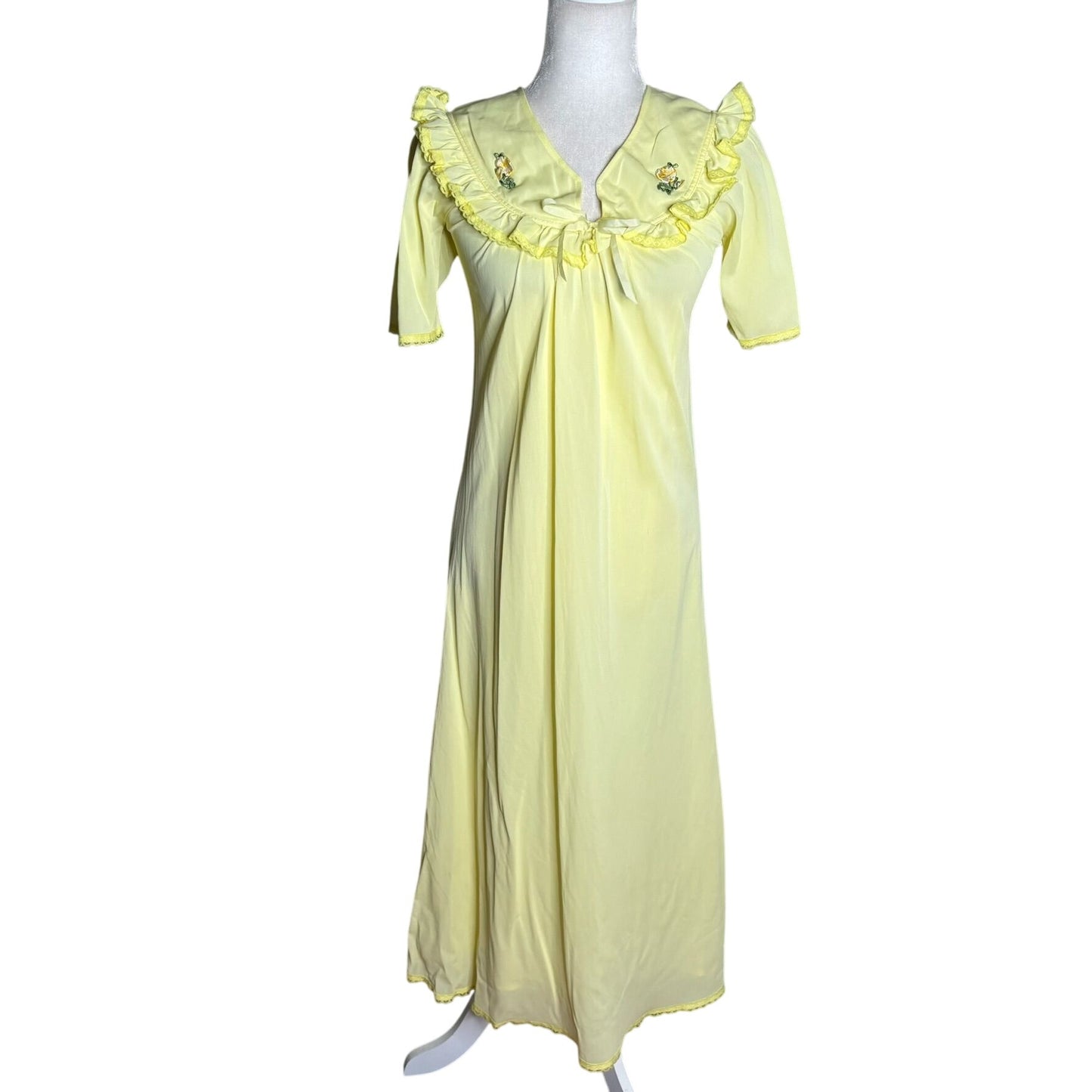 Vintage Nylon Nightgown Ruffled Collar Small Yellow Floral Embroidery Maxi