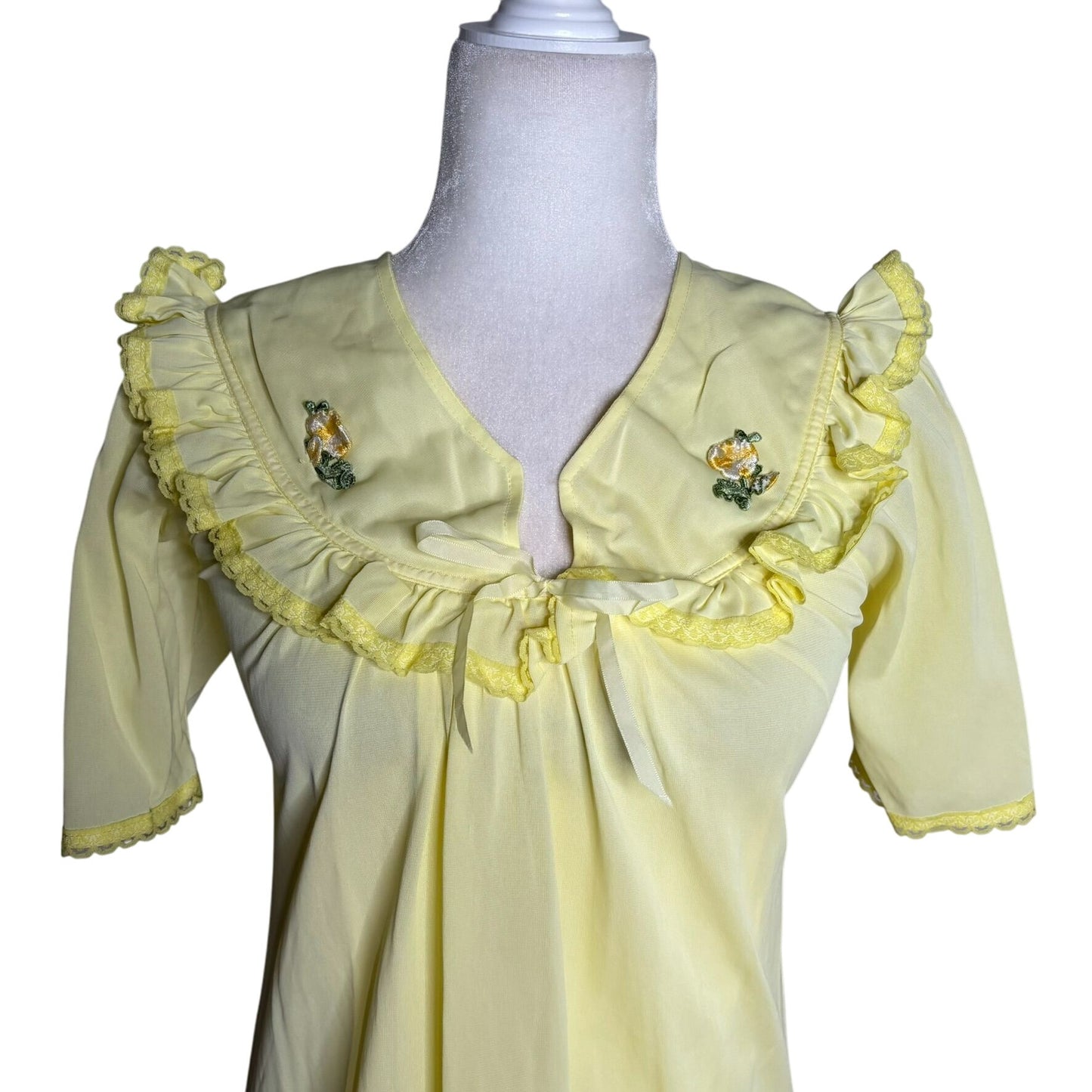 Vintage Nylon Nightgown Ruffled Collar Small Yellow Floral Embroidery Maxi