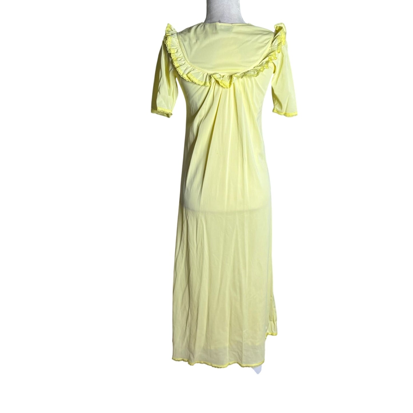 Vintage Nylon Nightgown Ruffled Collar Small Yellow Floral Embroidery Maxi