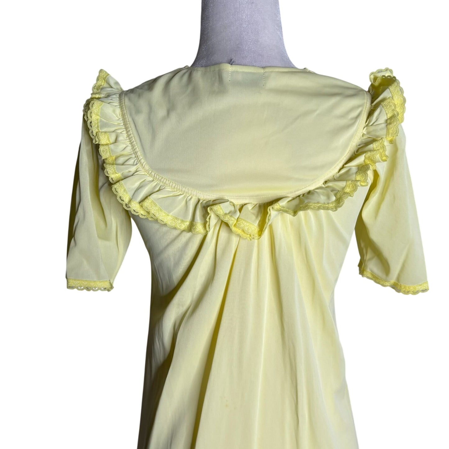 Vintage Nylon Nightgown Ruffled Collar Small Yellow Floral Embroidery Maxi