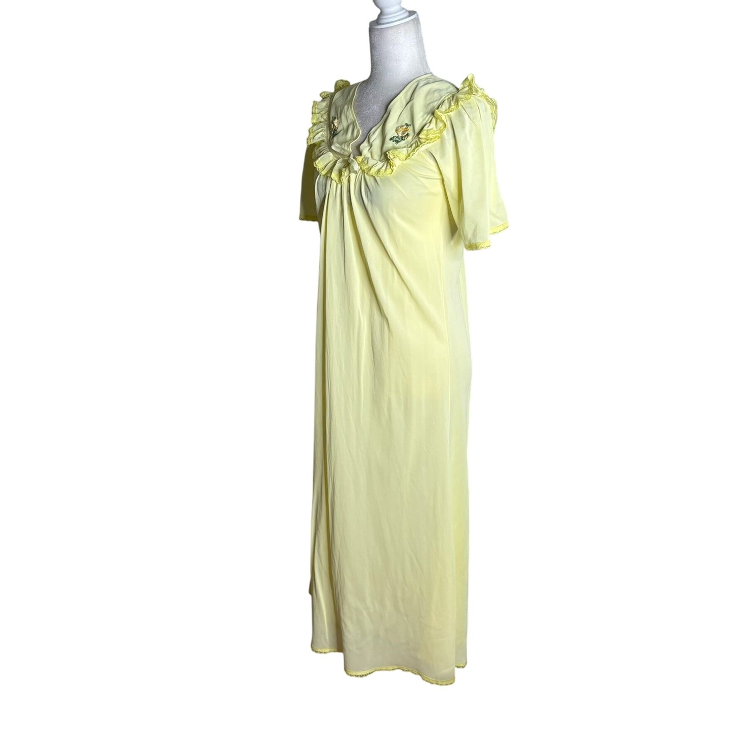 Vintage Nylon Nightgown Ruffled Collar Small Yellow Floral Embroidery Maxi