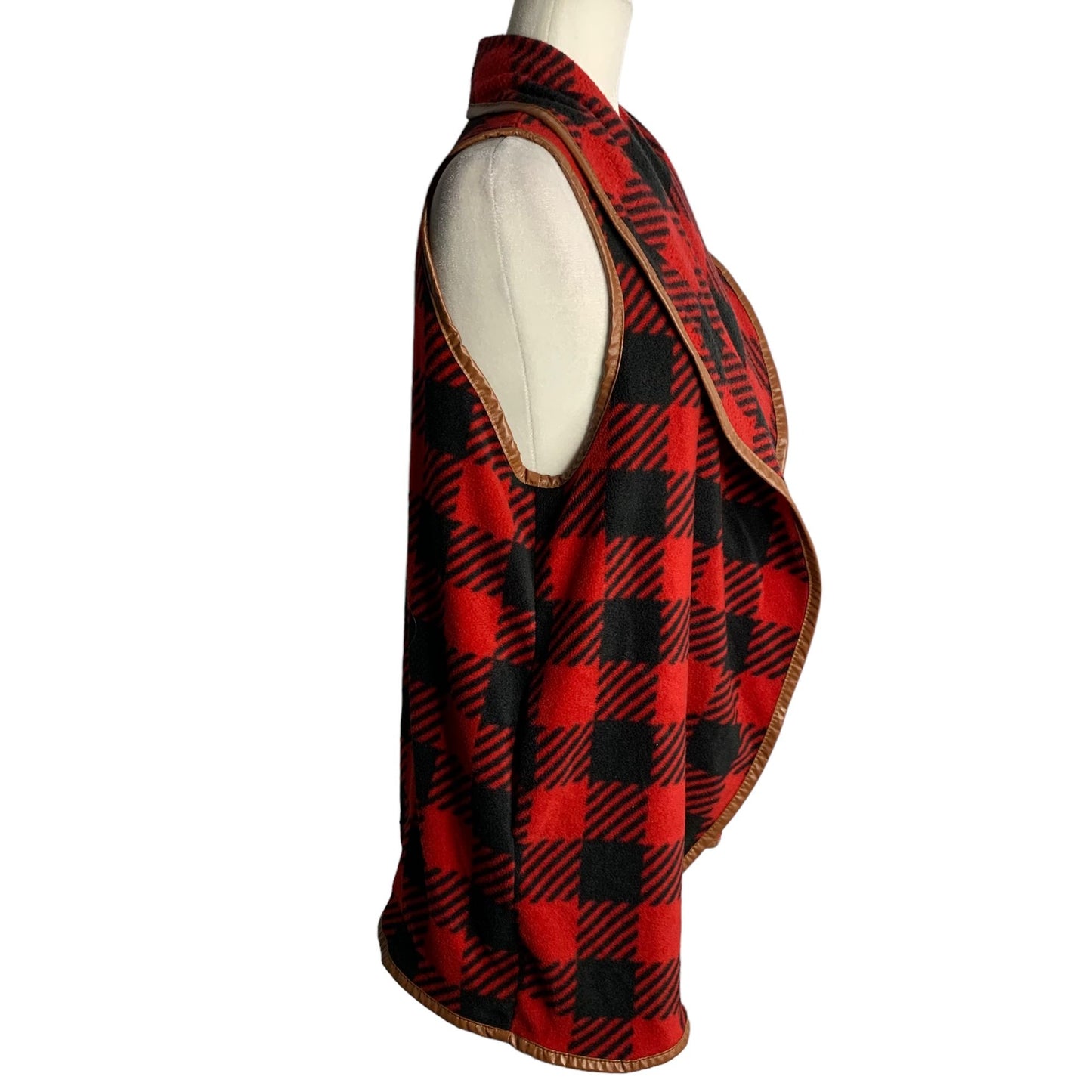 Simply Southern Open Front Fleece Vest S Red Black Buffalo Check Pockets