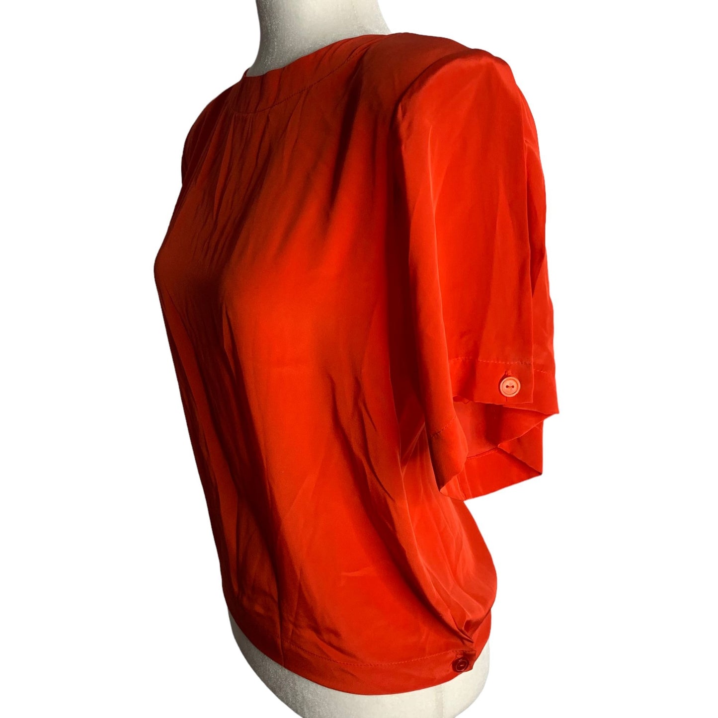 Vintage 80s Silky Pullover Blouse 6 Petite Red Shoulder Pads Round Neck Buttons