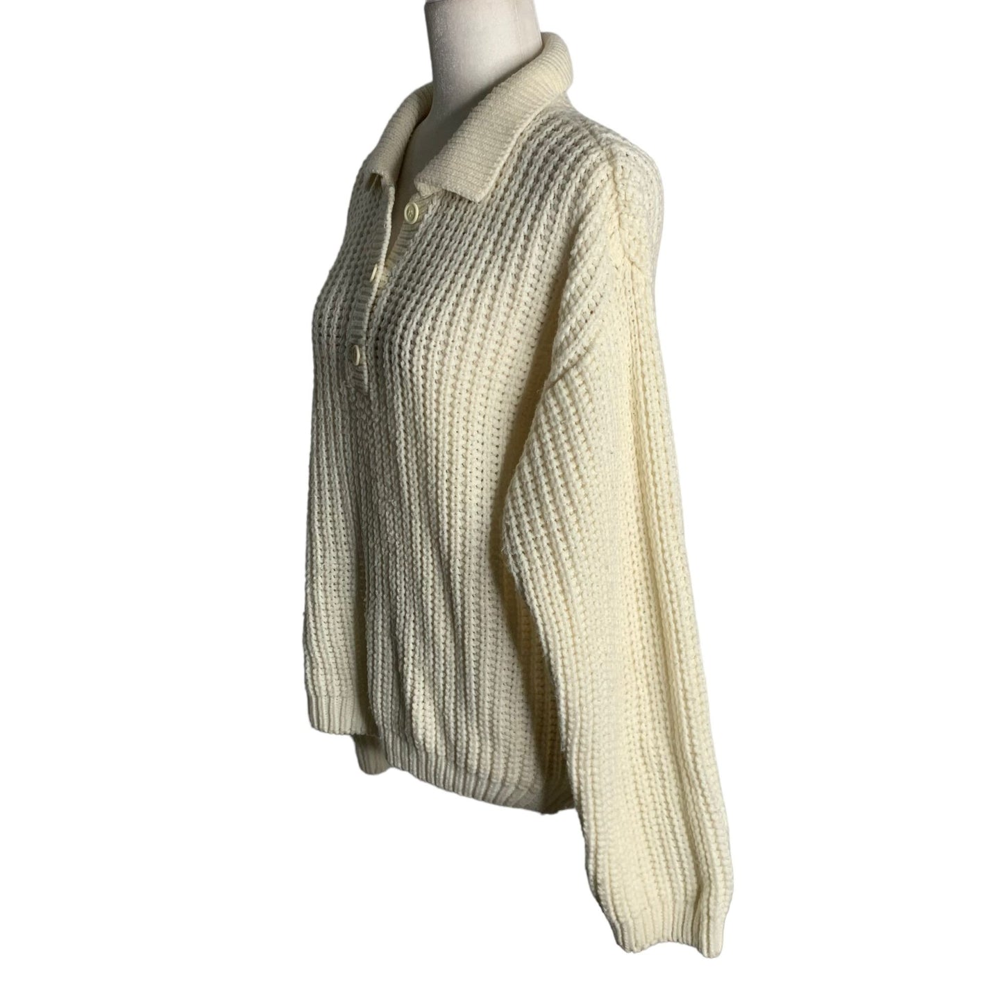 Vintage 90s Oversized Loose Knit Sweater S Cream Buttons Collar Pullover Slouchy