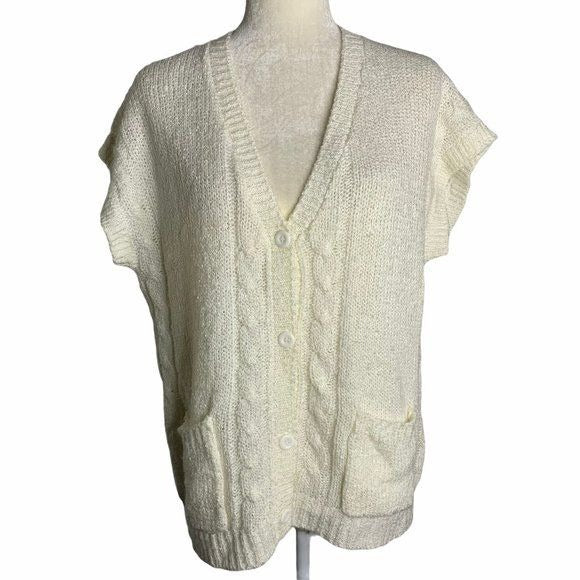 Vintage Short Sleeve Knit Cardigan Sweater L White Buttons Short Sleeves Pockets