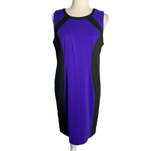 Ellen Tracy Colorblock Sheath Dress 8 Blue Black Lined Sleeveless Zip Round Neck