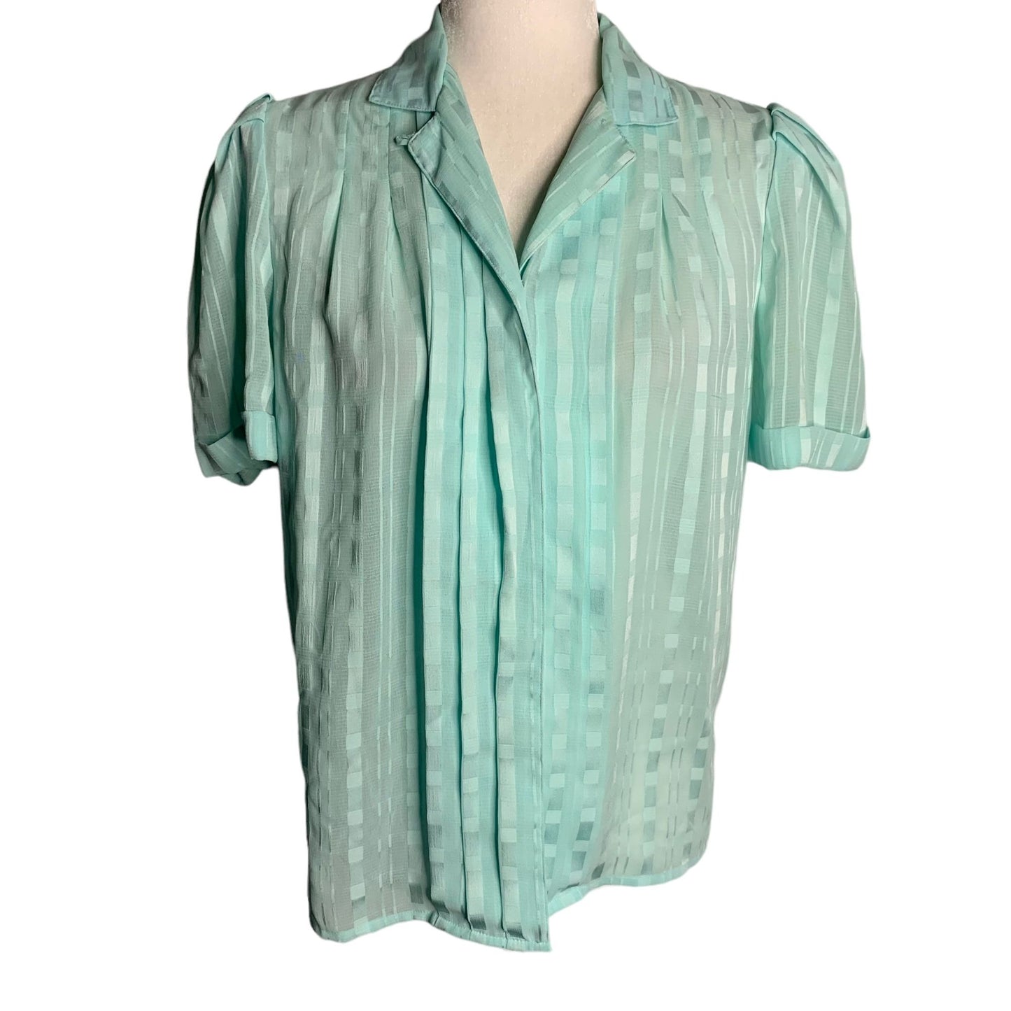 Vintage Button Up Pleated Blouse 6 Blue Striped Slightly Sheer Short Sleeve