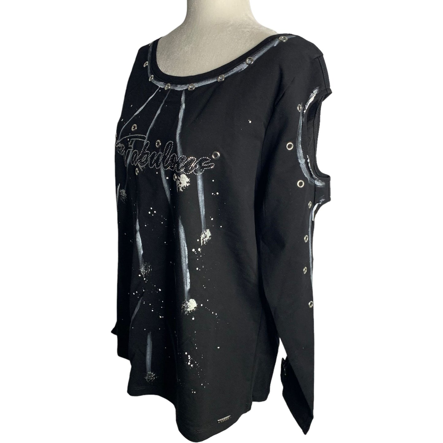 Olyss Hand Painted Fabulous Cut Out Top XL Black Long Sleeve Rhinestones Rivets