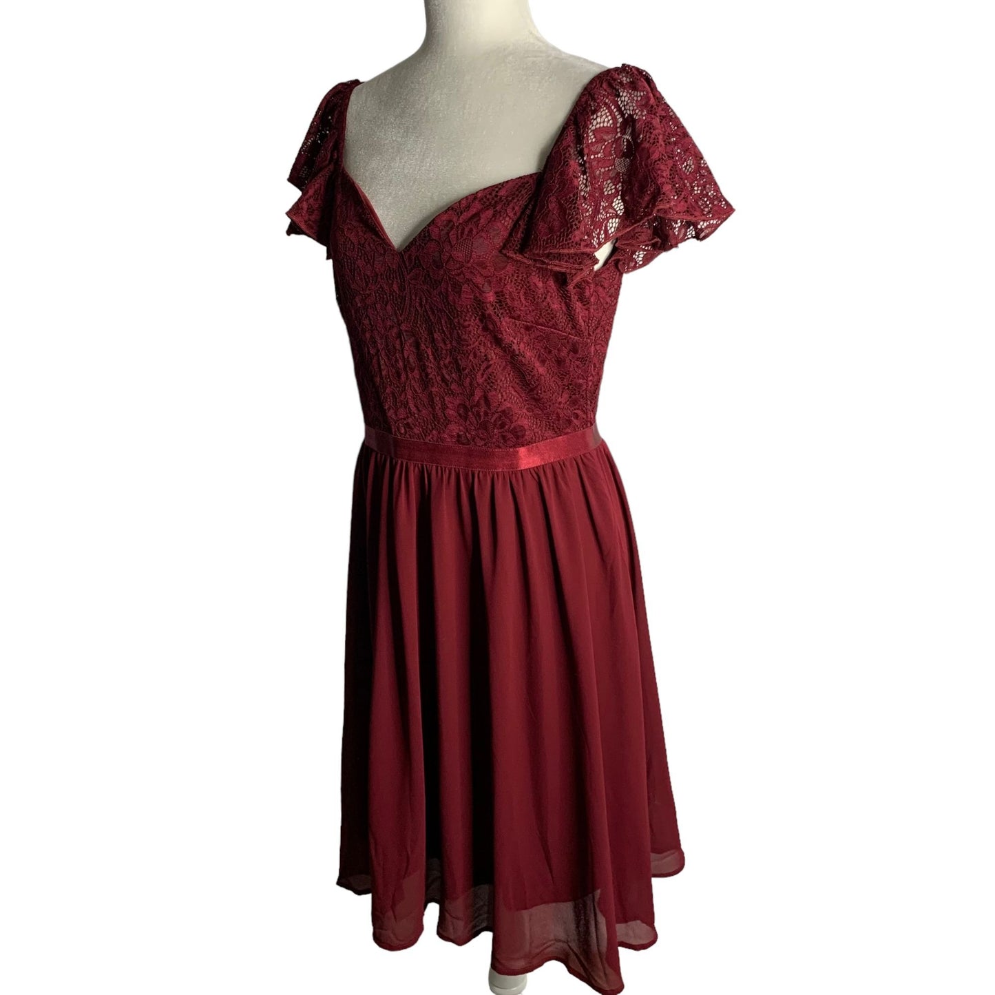 MissMay Retro Lace Chiffon Swing Dress L Wine Red Flutter Sleeve Lined Zip NEW