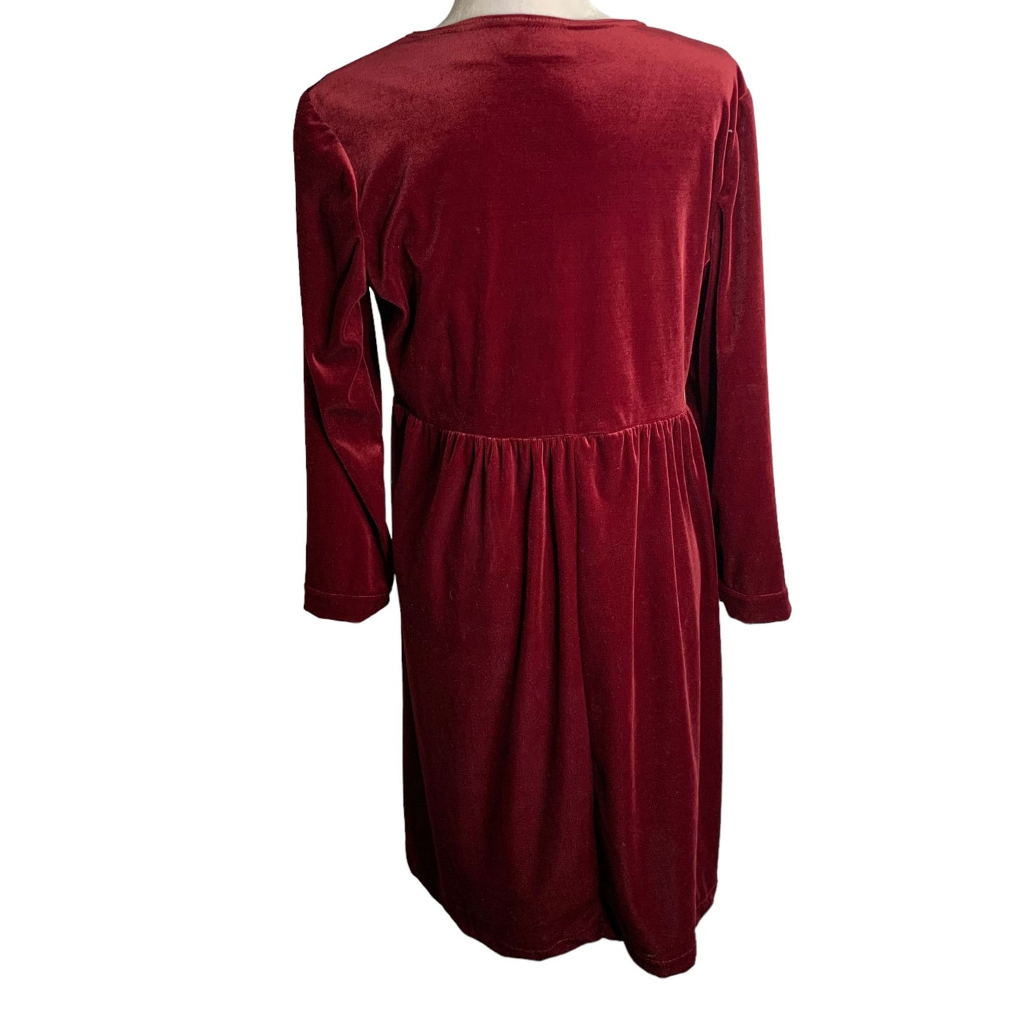 Vintage 90s Kathie Lee Velvet Dress 10 Maroon Red Long Sleeve Elastic Waist