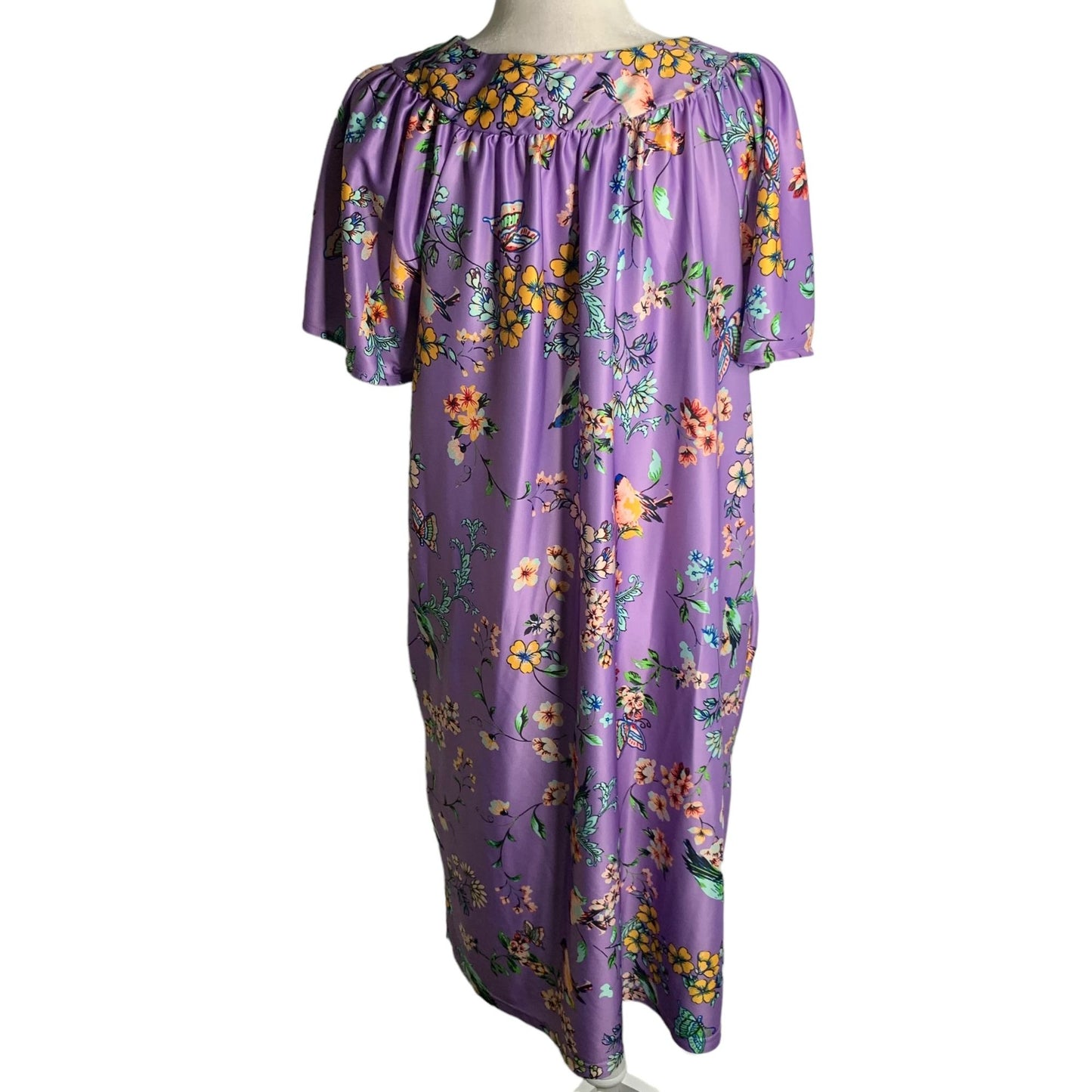 Vintage Anthony Richards MuuMuu House Dress M Purple Floral Pockets Short Sleeve