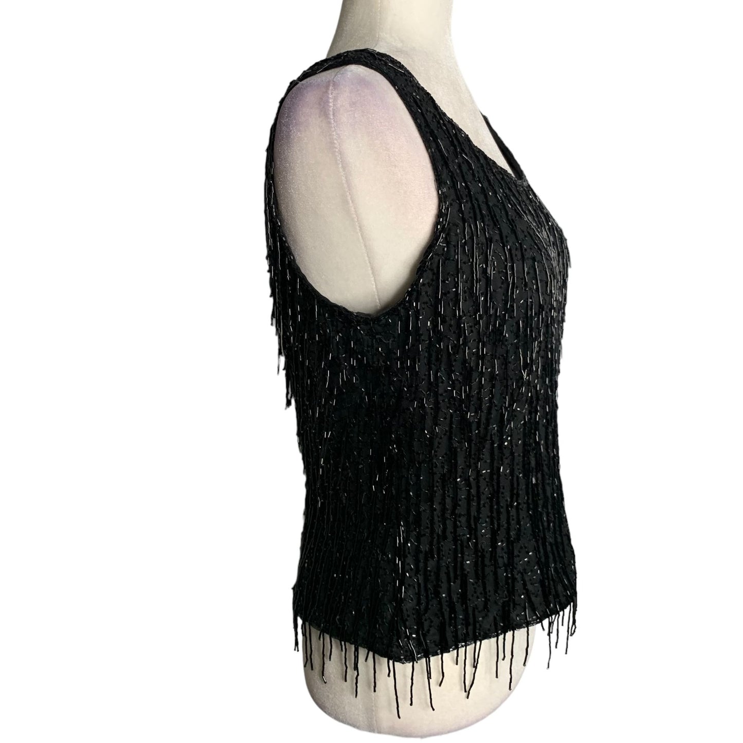 Vintage 90s Silk Beaded Tank Top L Black Lined Full Zip Back Evening Flapper