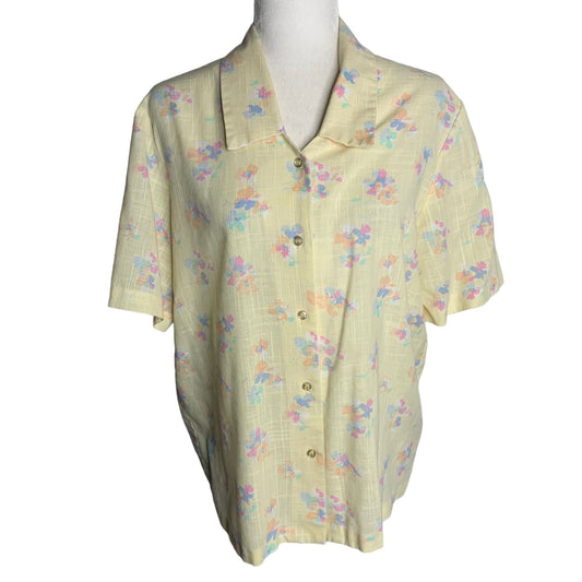 Vintage Russ Togs Button Up Collared Shirt M Yellow Floral Short Sleeve Cotton