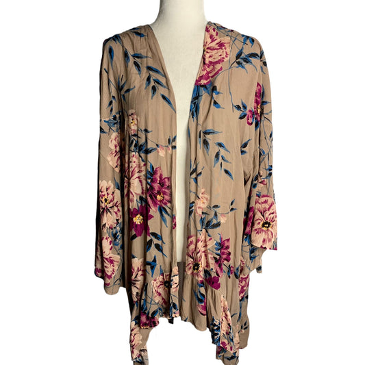 Charlotte Russe Open Front Kimono Top L Taupe Floral Ruffle Long Sleeves Rayon