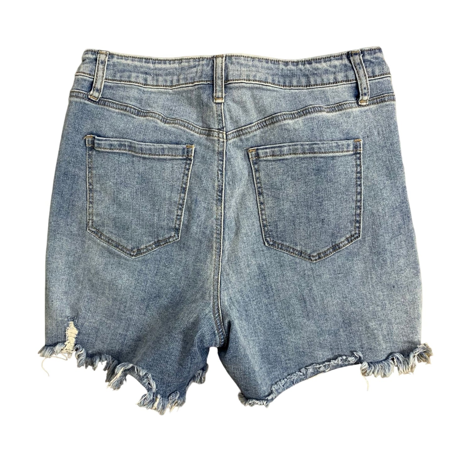 A Beautiful Soul Mid Rise Denim Shorts 10 Med Wash Distressed Patches 5 Pocket