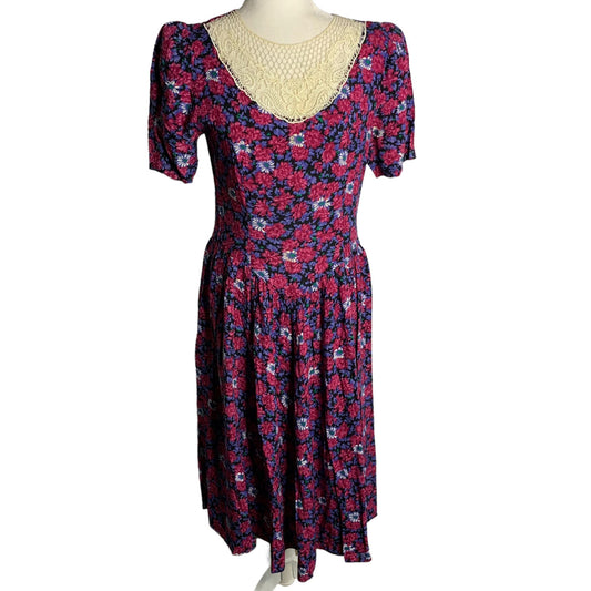 Vintage Cottage Core Dropped Waist Midi Dress S Blue Floral Crochet Neckline