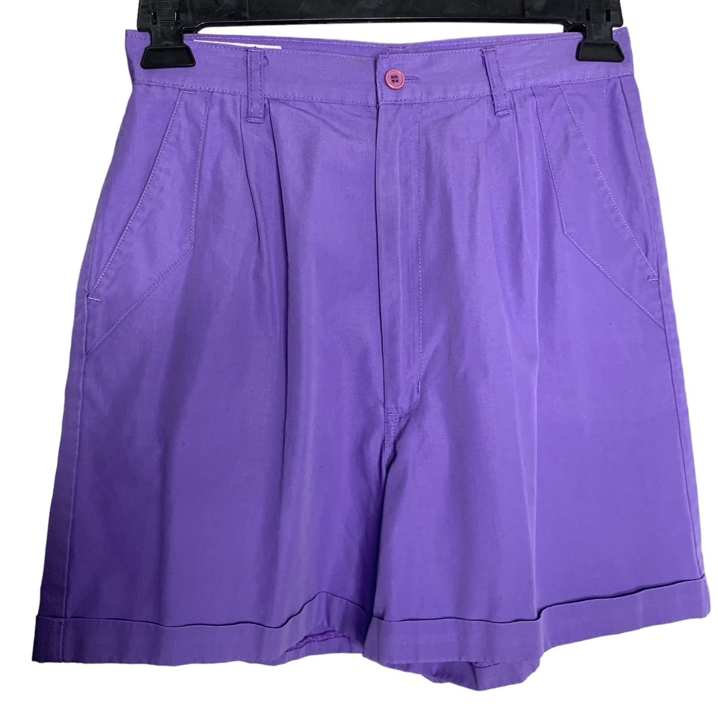 Vintage 80s High Rise Pleated Shorts S Purple Cuffed Pockets Button Belt Loops