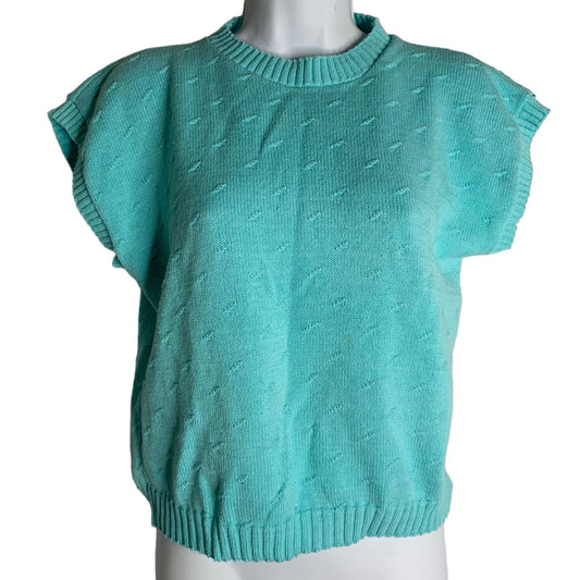 Vintage 80s Short Sleeve Knit Sweater S Teal Cotton Dolman Round Neck Ribbed