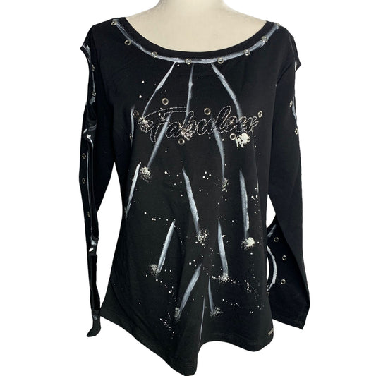 Olyss Hand Painted Fabulous Cut Out Top XL Black Long Sleeve Rhinestones Rivets