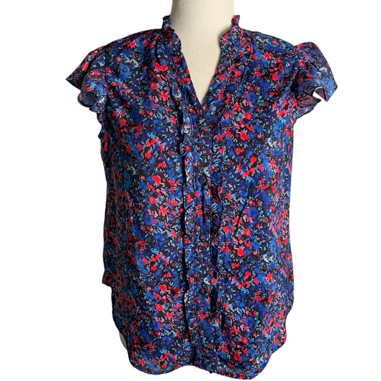 Silky Button Up Floral Blouse S Black Cap Sleeve V Neck Lined Stretch Ruffle