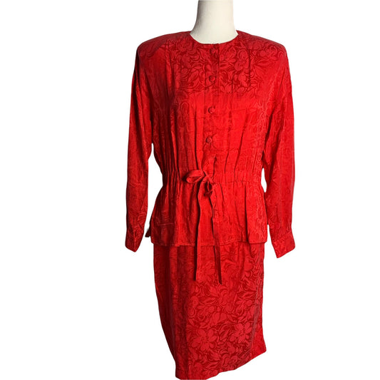 Vintage Donna Morgan Floral Silk Dress 4 Red Buttons Elastic Waist Long Sleeves