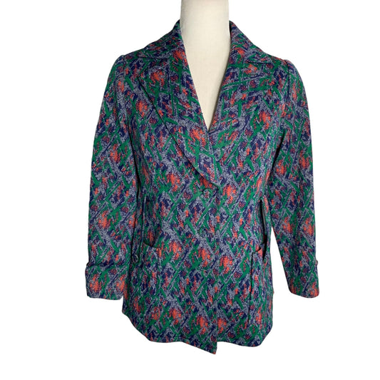 Vintage 70s Heavy Woven Blazer Jacket S Blue Buttons Lined Pockets Notch Collar