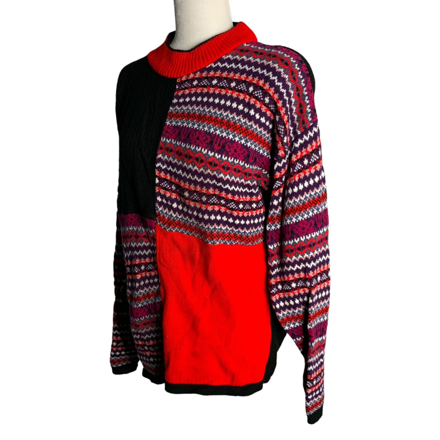 Vintage 90s Mockneck Knit Sweater M Black Red Long Sleeves Pullover Fair Isle