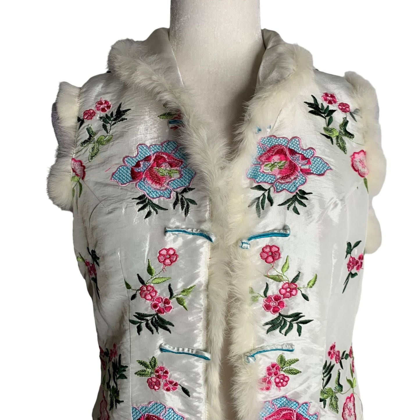 Embroidered Asian Style Vest M White Real Fur Trim Frog Buttons Zip Pockets