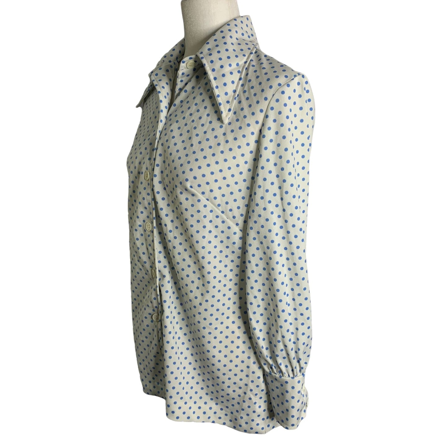 Vintage 70s Button Up Knit Blouse M White Blue Polka Dot Large Point Collar