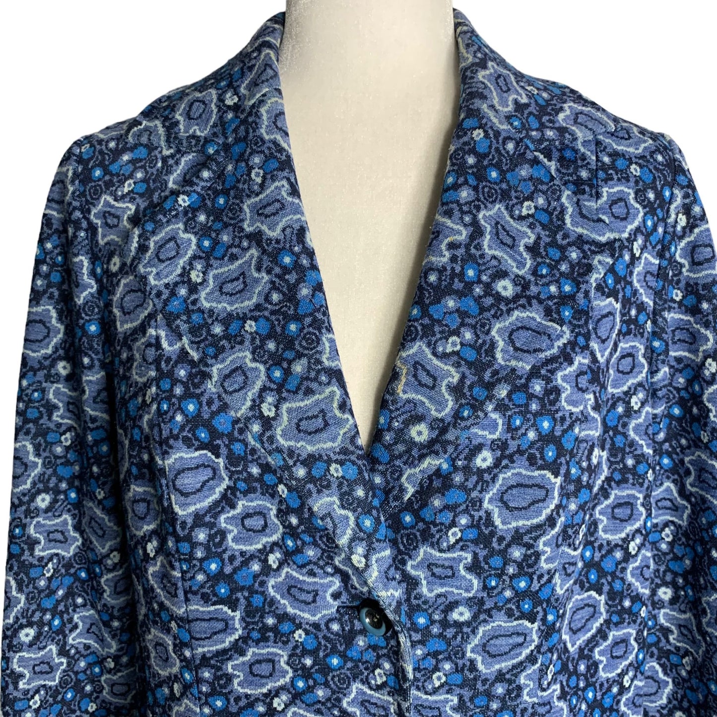 Vintage 70s Heavy Knit Blazer Jacket M Blue Floral Lined Pockets Buttons