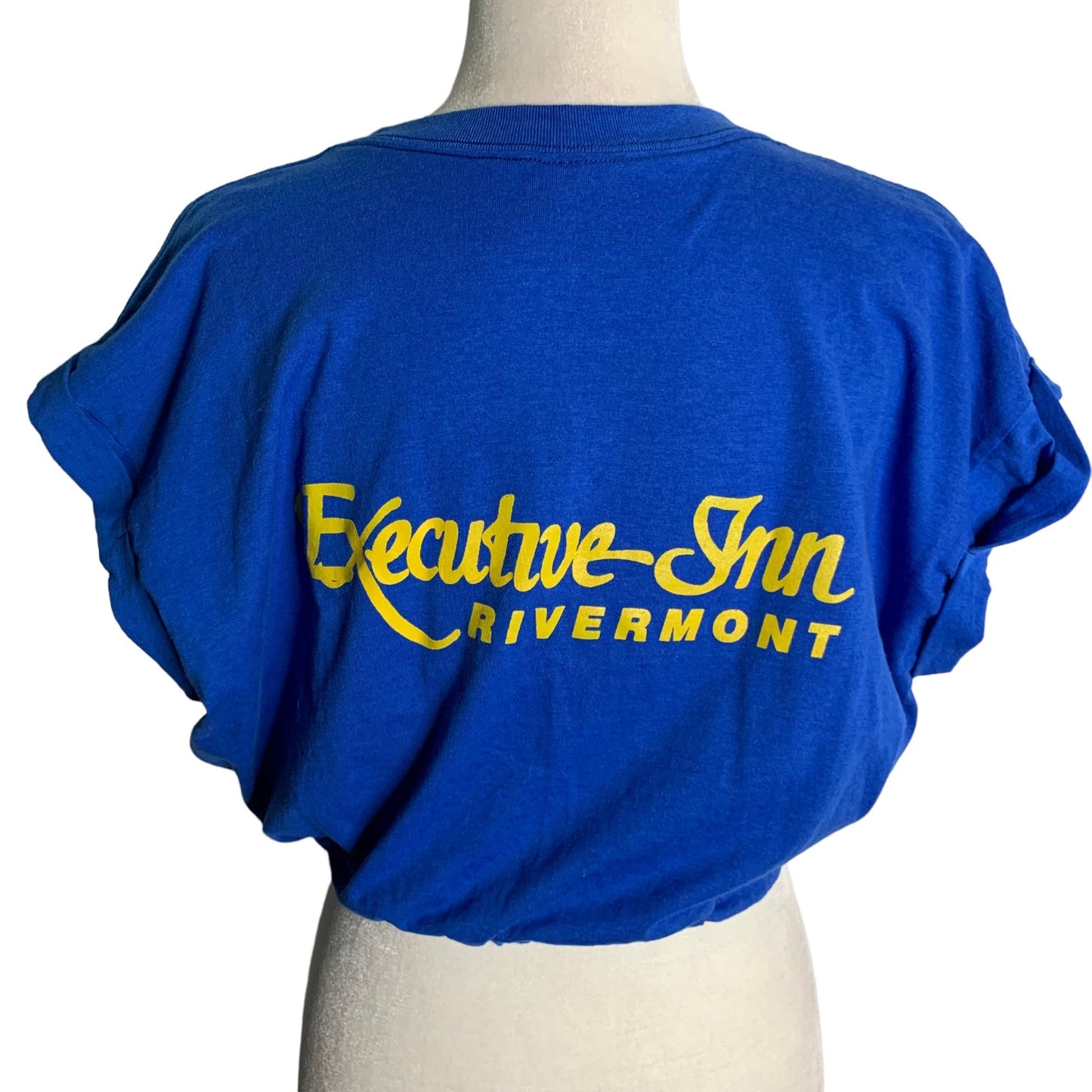 Vintage Upcycled Crewneck T Shirt XL Blue Cuffed Sleeve Cropped Elastic Waist