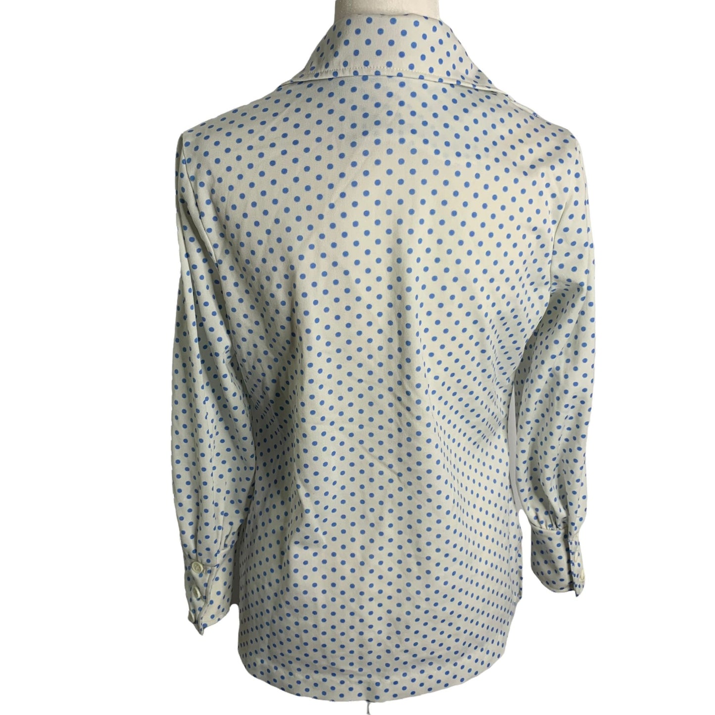 Vintage 70s Button Up Knit Blouse M White Blue Polka Dot Large Point Collar