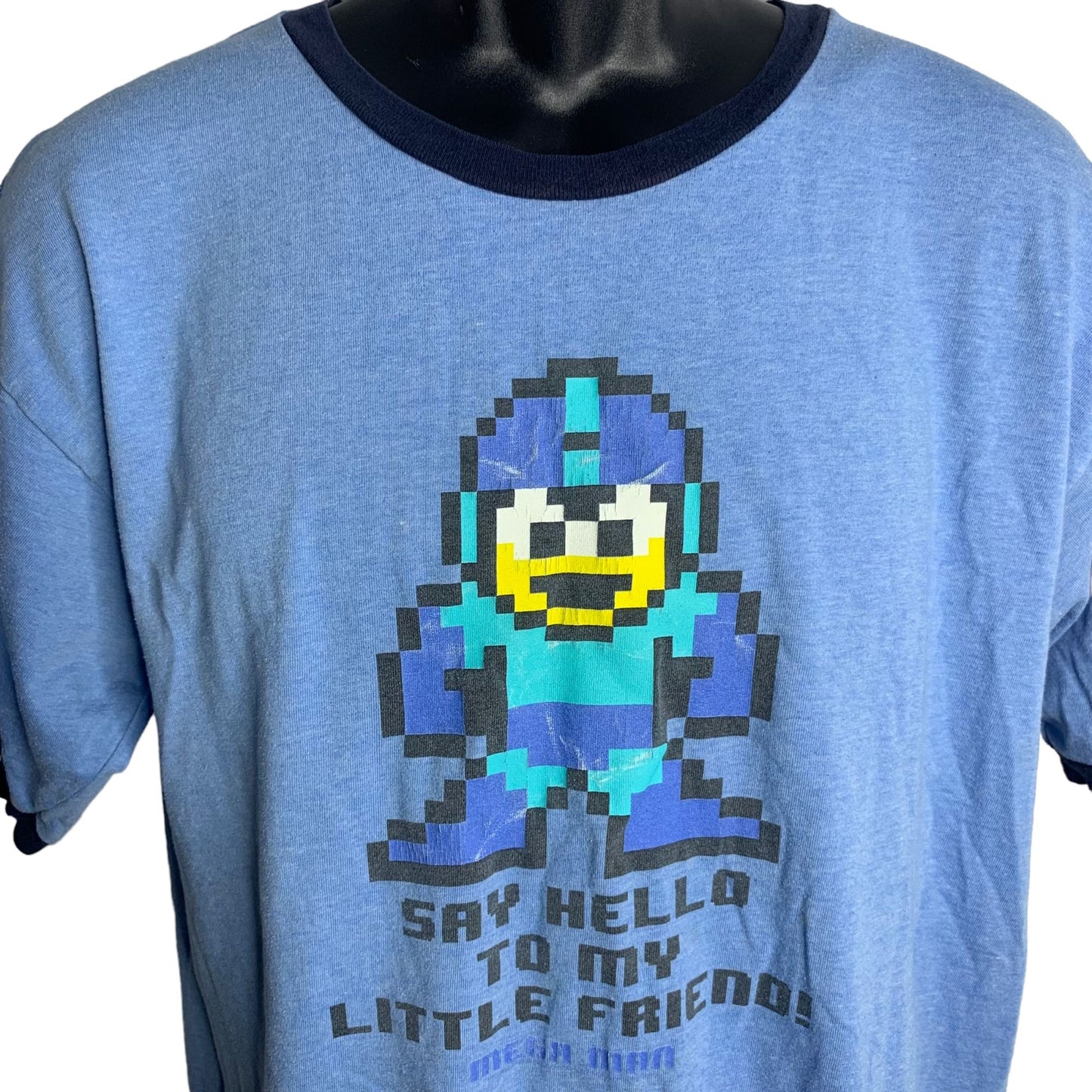 Vintage Y2K MegaMan Ringer T Shirt L Blue Short Sleeve Graphic Video Game 2003