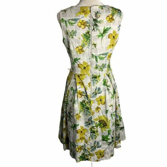 Julian Taylor Pleated Sleeveless Dress 8 White Floral Split V Zip Lined Pockets